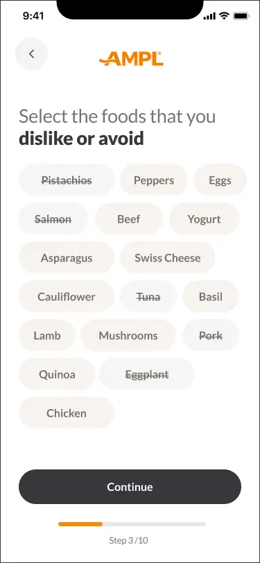 Onboarding · select foods you dislike or avoid