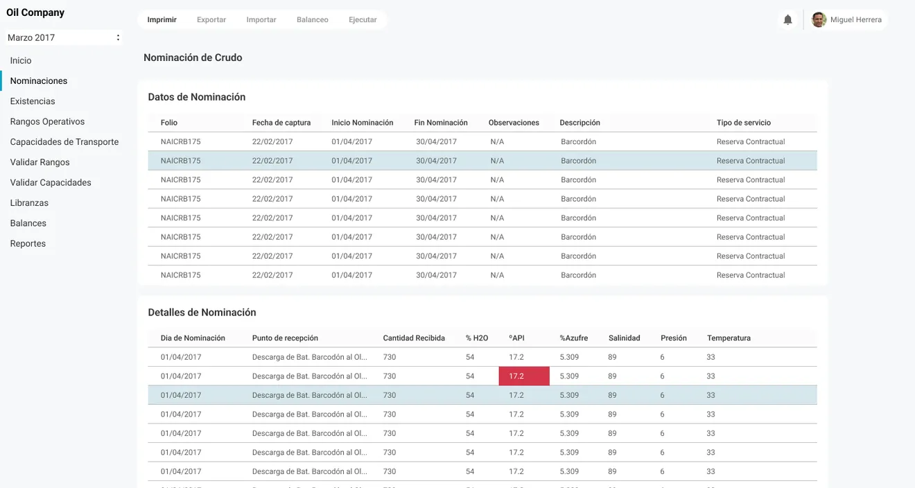 Crude nomination screen with header data and detail table