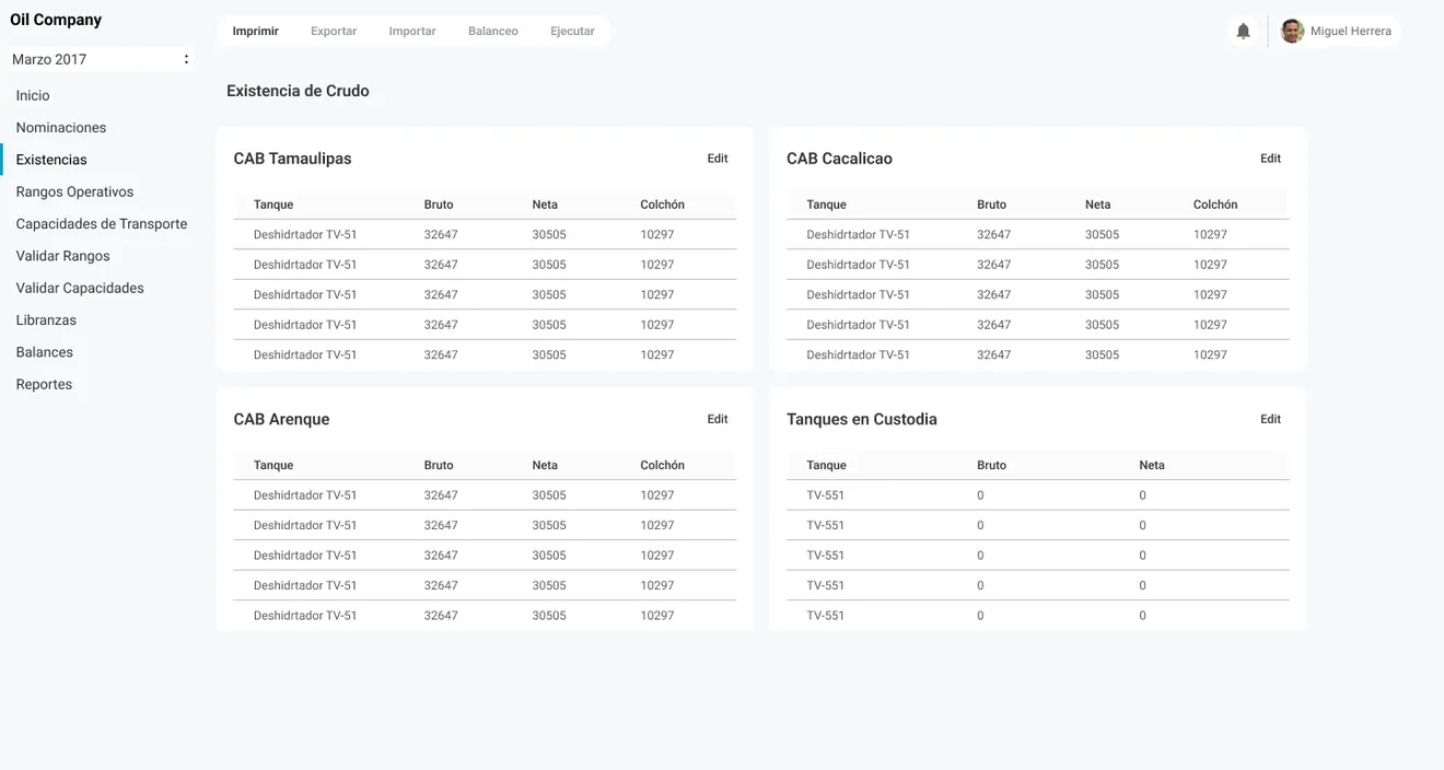 Crude stock screen with tank tables grouped by location