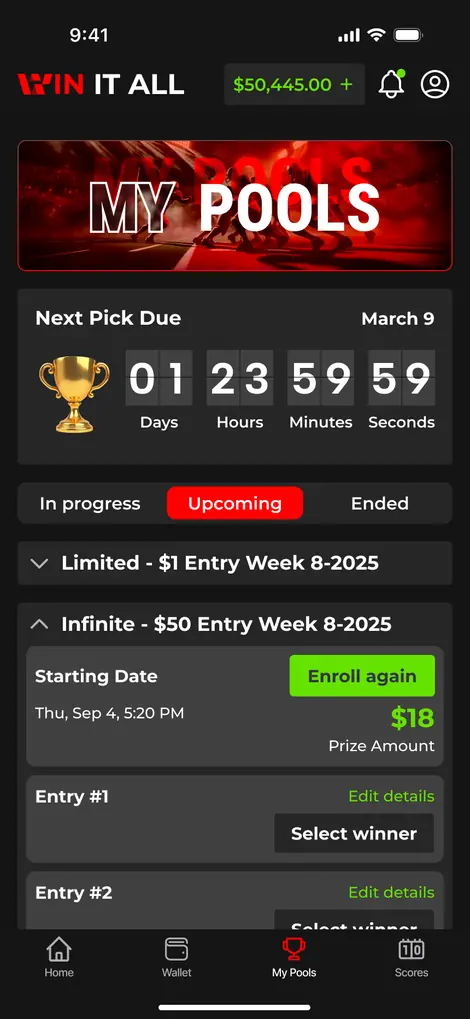 WinItAll my pools screen, upcoming tab