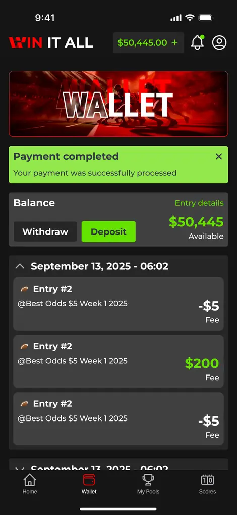 WinItAll wallet screen