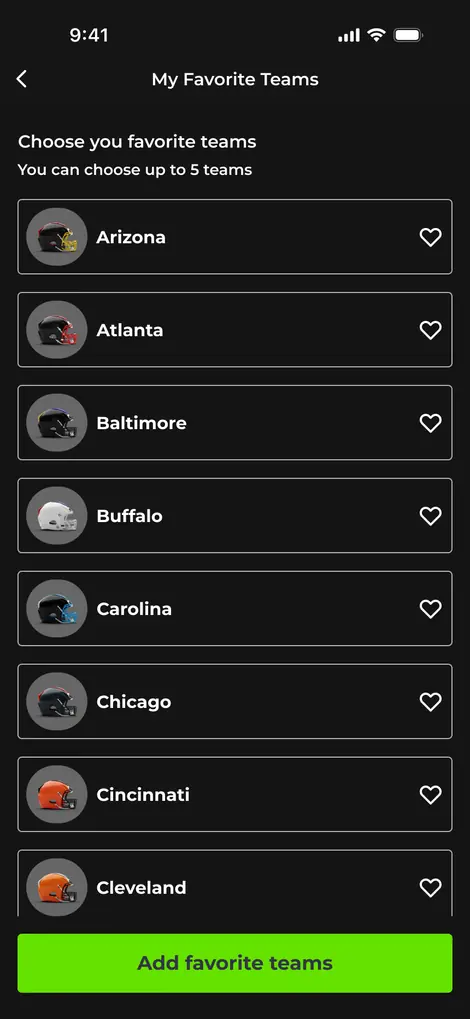 WinItAll favourite teams screen